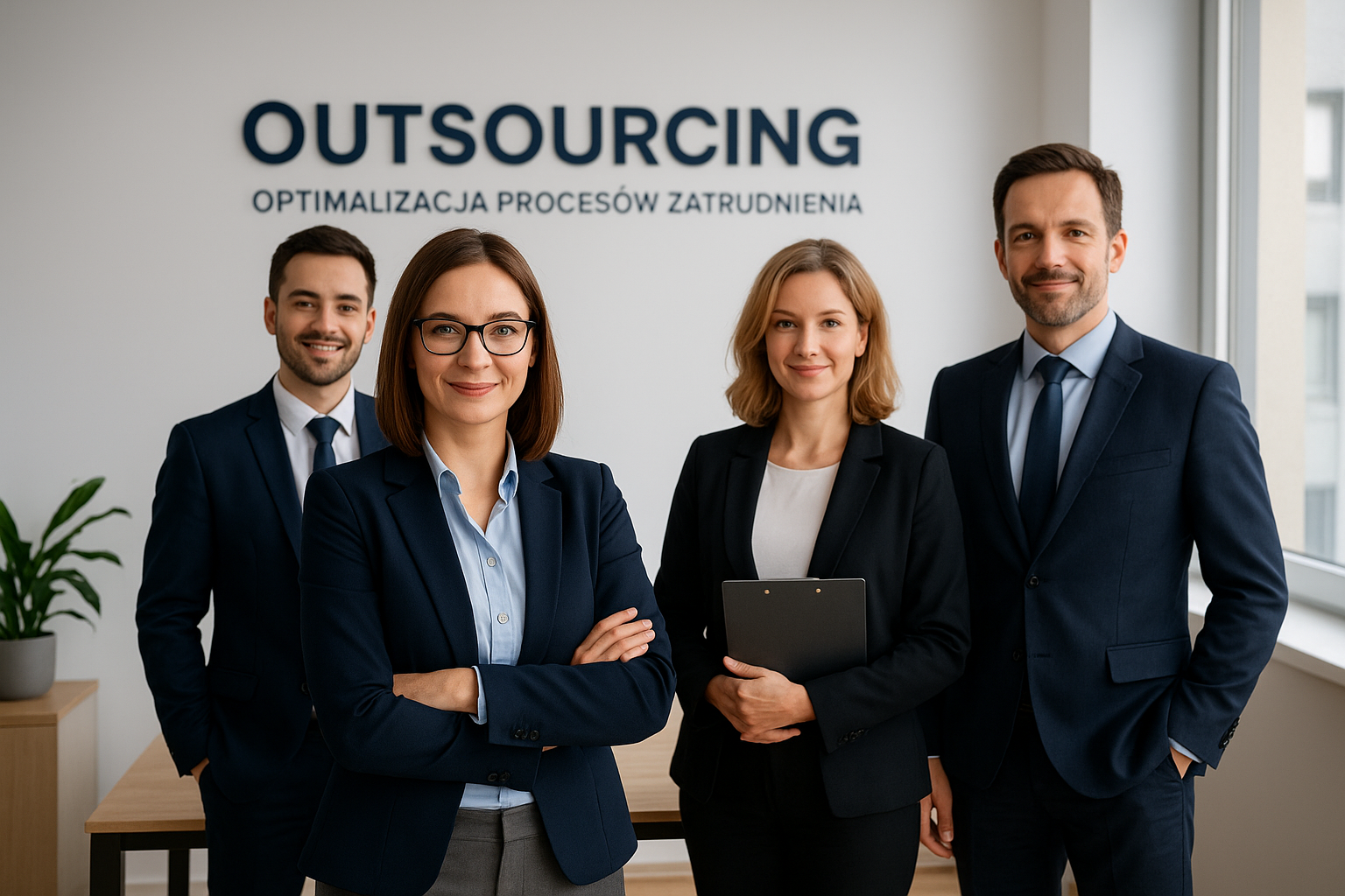 Czworo pracowników (dwie kobiety i dwóch mężczyzn) w strojach biznesowych stoi w biurze, uśmiechając się do aparatu. Za nimi na ścianie widnieje napis "OUTSOURCING" oraz "OPTYMALIZACJA PROCESÓW ZATRUDNIENIA".