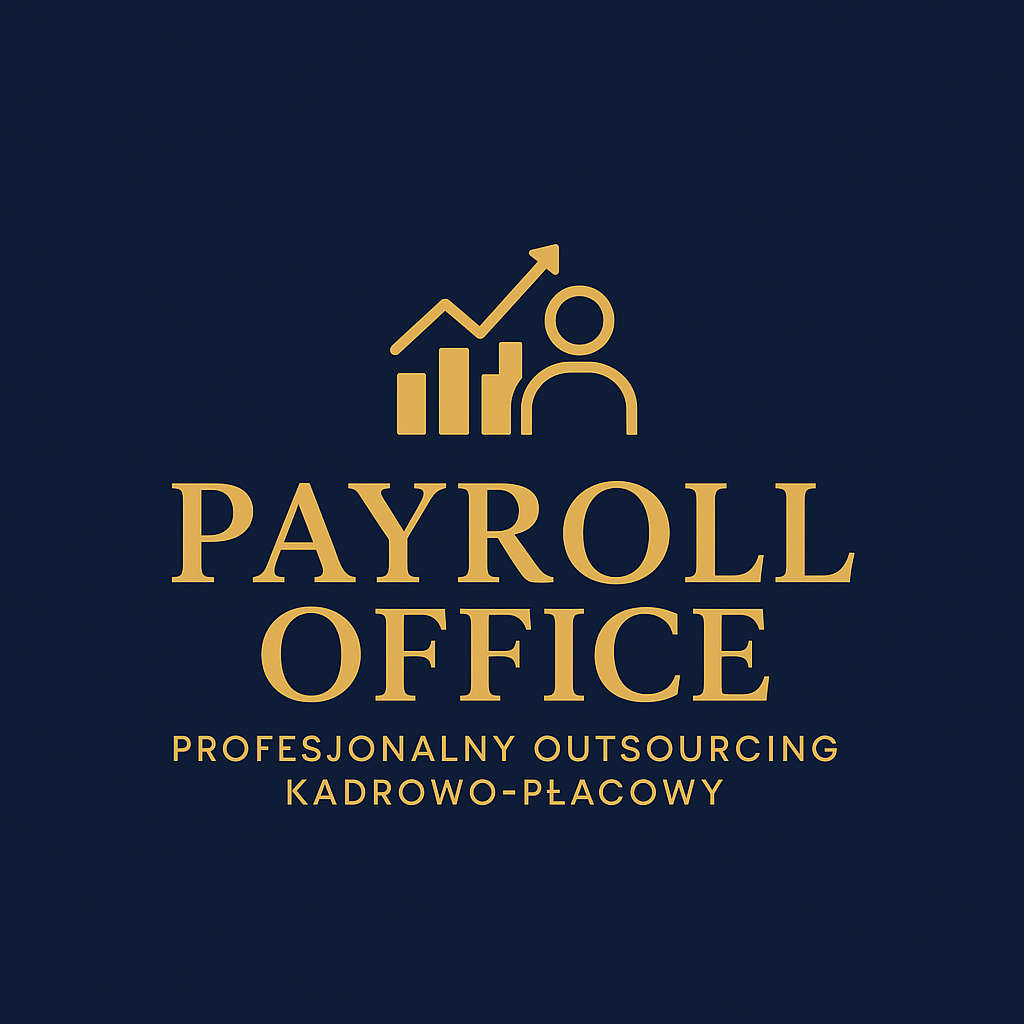 Logo na granatowym tle ze złotymi elementami. Zawiera ikonę wykresu i pracownika, napis "PAYROLL OFFICE" oraz tekst "PROFESJONALNY OUTSOURCING KADROWO-PŁACOWY".